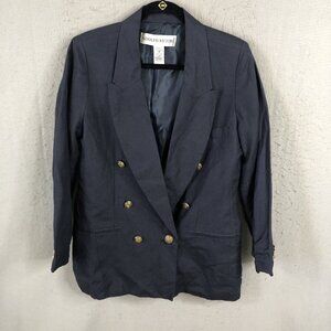 Adolfo Studio Blazer Women 10P Petite Navy Blue Linen Blend Double Breast Sailor